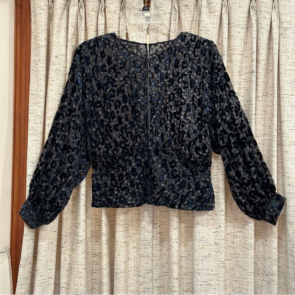 Zara Sheer Flocked Deep V-Neckline Blouse - Large